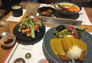 Vegetable tempura, vegatsu, miso soup, bang bang cauliflower and avant gard’n at Wagamama in Aylesbury