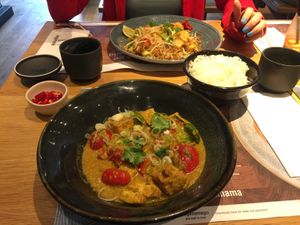 Coconut Curry, Pad Thai, miso soups and pickles at Wagamama in Aylesbury