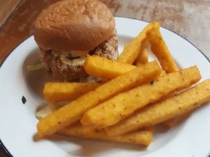 Seitan burger with polenta fries at The Blacksmith & The Toffeemaker in London