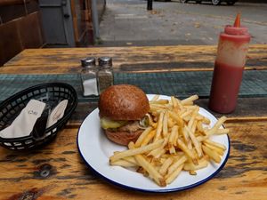 "Nashville hot 'chicken' burger and French fries at The Blacksmith & The Toffeemaker in London