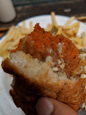 Second blueish thread found in the "Nashville hot 'chicken' burger (middle of photo) at The Blacksmith & The Toffeemaker in London