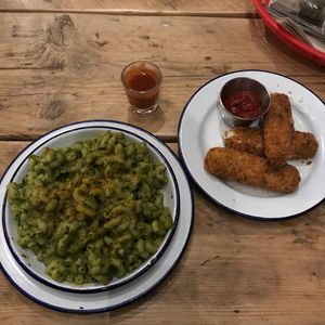Mozzarella sticks and green mac & cheese  at The Blacksmith & The Toffeemaker in London
