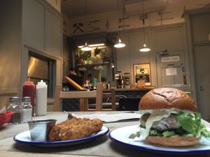 Vegan Mozzarella Sticks and the Nashville Hot Seitan Burger in the back room.  at The Blacksmith & The Toffeemaker in London