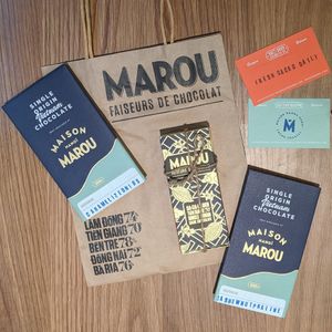 Chocolate bars available to purchase - beautiful packaging! at Maison Marou Hanoi in Hanoi
