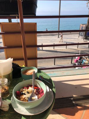 Acai Smoothie and organic soy cappuccino  at Aloha Cafe in Sesimbra