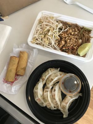 Spring rolls, steamed dumplings, pad Thai  at Amituofo Vegan Cuisine in Brooklyn