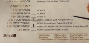 Menu of veggie rolls at Shinsei Sushi in Bend