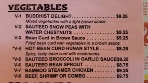 Veg options
We got V5 Broccoli in (brown) Garlic Sauce, V2 Snow Peas with Water Chestnuts in white sauce, and V3 which is Fried Tofu  at China Restaurant in Harlingen