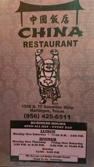 Front of menu at China Restaurant in Harlingen