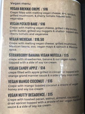 Vegan Menu at The Little Crepe Lounge in Redcliffe