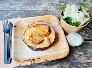 Sweet potato quiche and small side salad   at Meshek Barzilay Deli in Tel Aviv