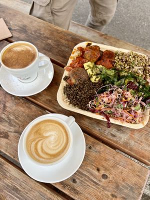 Breakfast plate and coffee #Veganuary at Meshek Barzilay Deli in Tel Aviv