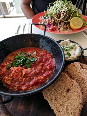 Shakshuka and the Israeli salad. Both great at Meshek Barzilay Deli in Tel Aviv