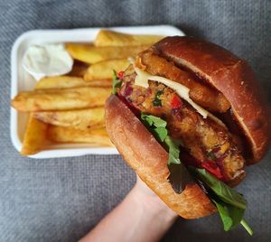 The cowless boy and fries - absolutely delicious at The Lazy Leek in Cardiff