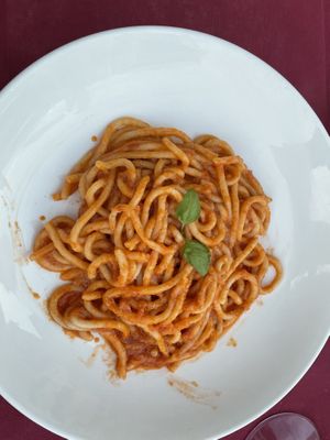 Homemade Bigoli with tomato sauce  at Laguna Libre in Venice