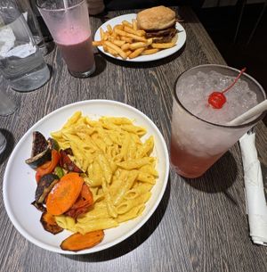 Mac and cheese, club soda, bacon cheeseburger, strawberry milkshake   at Planted in Hamilton in Hamilton