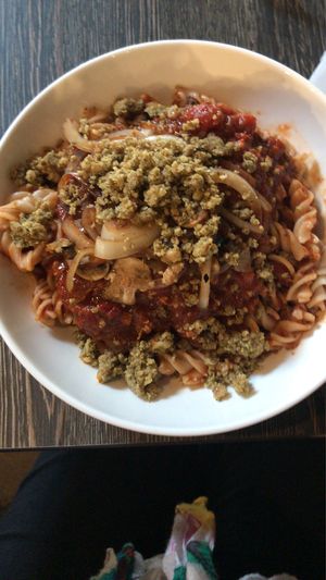 Pasta and Lentil Meatballs at Planted in Hamilton in Hamilton
