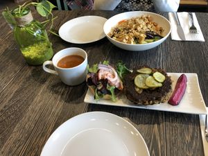 Peanut sauce bowl. Lentil patty burger and soup of the day. at Planted in Hamilton in Hamilton