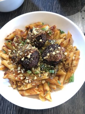 Lentil meatballs and gluten free pasta sauce  at Planted in Hamilton in Hamilton