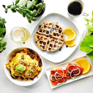 Brunch Dished (L to R): Breakfast Bowl, Waffle, Shmear & Lox at Planted in Hamilton in Hamilton