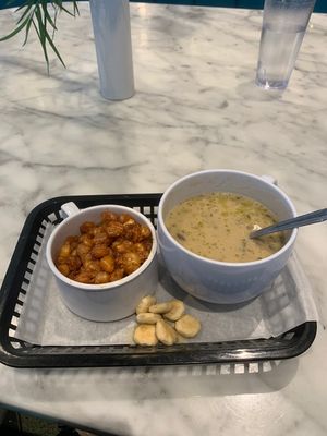 Corn nuts and vegan clam chowder at Local Foods - Downtown in Houston