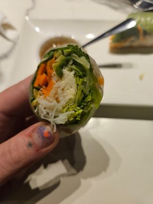 Inside of a summer roll--steamed tofu, lettuce, rice noodles, carrot, basil at Thai Smile in Plymouth