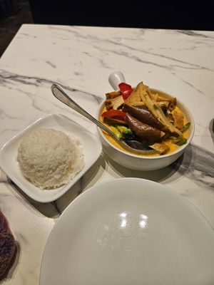 Red curry (eggplant, bell peppers, broccoli, bamboo, extra tofu) at Thai Smile in Plymouth