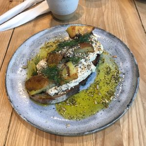 toast with smokey vegan cottage cheese and potatoes  at Zaczyn in Krakow