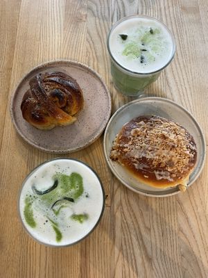 cardamom bun, raspberry bun with lemon curd icing & crumble, and matcha lattes   at Zaczyn in Krakow