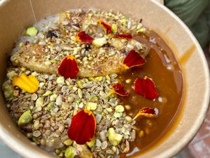 Buckwheat porridge with  tahini caramel & caramelized banana at Zaczyn in Krakow