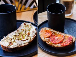 Zaczyn brekafasts: white beans spread with almonds and rosemary olive, tahini, fig jam and moro oranges. Photo by Magda Łapińska at Zaczyn in Krakow
