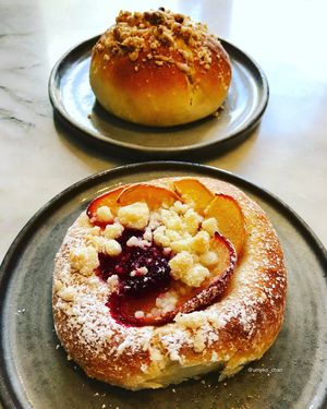 Plum filled bun and a plum/raspberry bread  at Zaczyn in Krakow