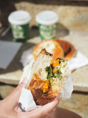 Vegan sandwich with pesto, almond cheese and caramelized carrots  at Zaczyn in Krakow