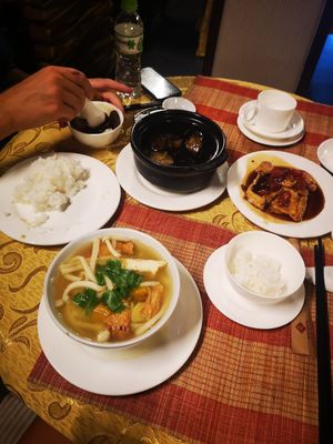 Eggplant, tofu in tomato saus, and Udon noodles and veg. All of them awesome at Hoa Nghiem in Hue