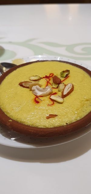 Phirni - dessert traditionally made with rice and dairy but made grain-free and vegan here. at Aharveda Restaurant in Mumbai