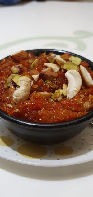 Gajar halwa - sweet carrot dessert at Aharveda Restaurant in Mumbai