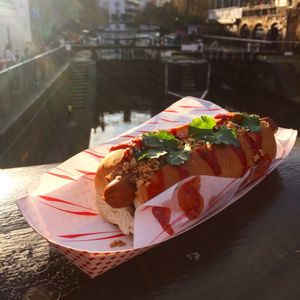Asia Dog! Crispy onions, crushed peanuts, coriander, seaweed salt, sriracha  at Good Dog Vegan Hot Dogs in North London