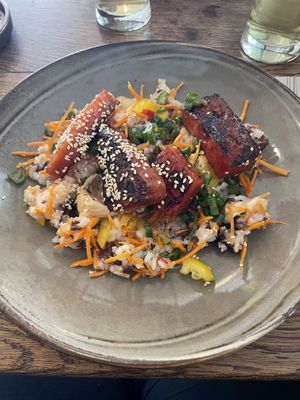 Bowl with watermelon and sushi style rice   at Karls Kraut in Luzern