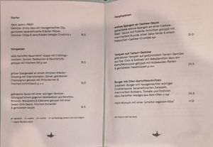 Dinner menu at Karls Kraut in Luzern