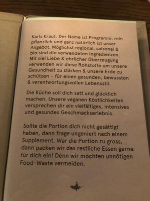 Menu - first page at Karls Kraut in Luzern