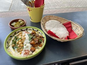 Hummus with sweet potato: one of my favourites (as is the eggplant/mushroom one). at Juuls Hummus in Utrecht