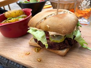 Burger, vandaag vegan! Normaal is het brood niet vegan.  at La Part du Colibri in Crest