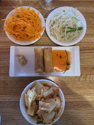 Sour Carrots, Silver Potatoes, Spring Rolls and Kimchi  at The Noodle Shop in Asheville