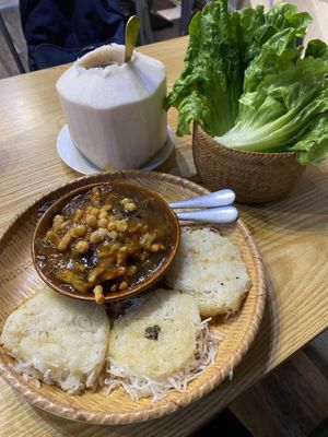 Laos eggplant dip with fried noodles  at Sisombath in Hong Kong Island