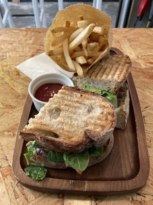 Customised toasted sourdough sandwich (cucumber, tomato, avocado, aubergine) and fries at Knead in Hong Kong Island