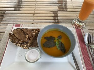 Pumpkin soup and bread. Excellent at Homemade Burgers and Sandwiches in Koh Samui
