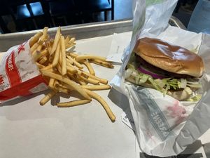 Plant based beef burger and fries at MAX in Wroclaw