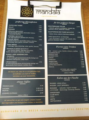 Menu at Mandala in Ravensburg
