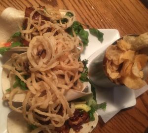 tacos with seitan and onions on top at Rooster Fish Brewing Pub in Watkins Glen