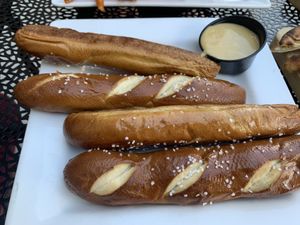 Pretzels with mustard at Rooster Fish Brewing Pub in Watkins Glen